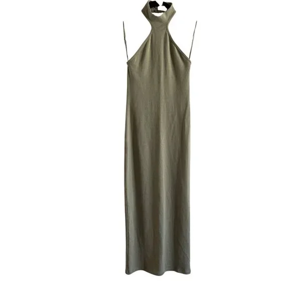 Zara Women M Olive Green Stretch Sleeveless Halter Midi Bodycon Dress NWT - Picture 2 of 10